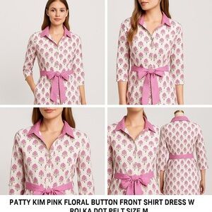 Patty Kim Pink Floral Button Front Shirt Dress w/ Polka Dot Belt Size M